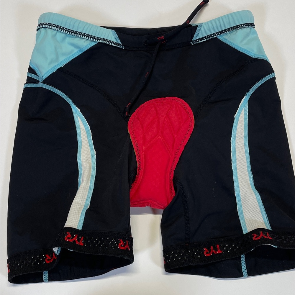TYR Womens Padded Cycling Shorts Black Blue Bike Shorts Size Large - Picture 5 of 9
